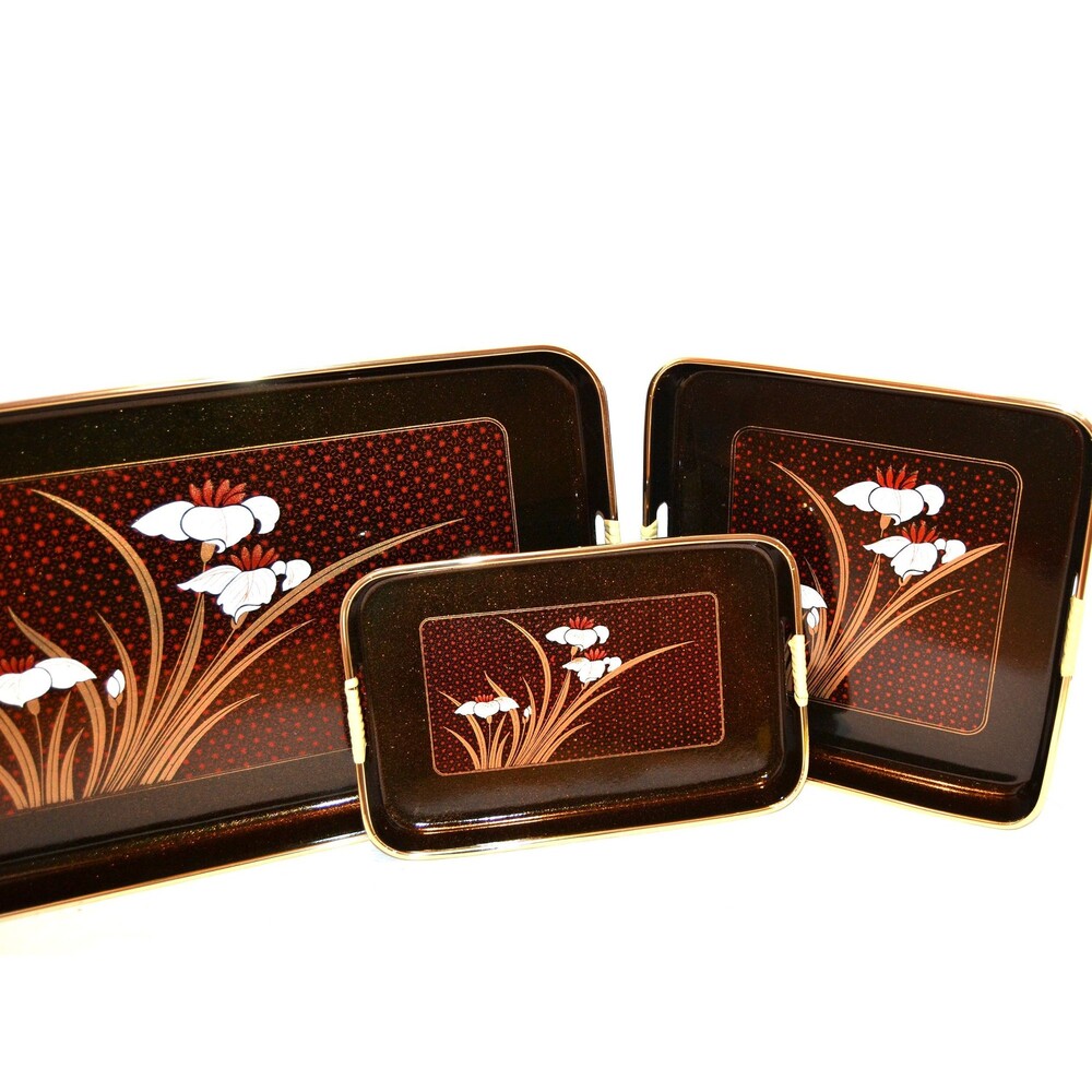 Vintage Trays Black Lacquerware Floral with Starburst 1970s